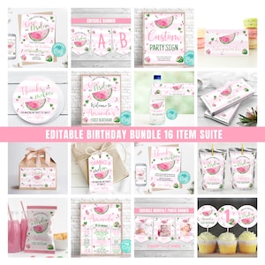 EDITABLE Watermelon Birthday Invitation And Bundle Pink Watermelon Party Package Decorations One in a Melon Party Package 0118