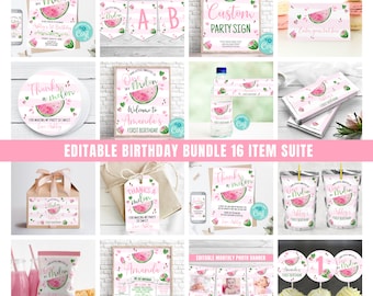EDITABLE Watermelon Birthday Invitation And Bundle Pink Watermelon Party Package Decorations One in a Melon Party Package 0118