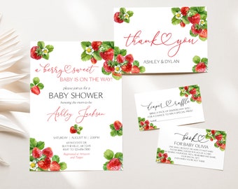 Editable Strawberry Baby Shower Invitation Set Berry Sweet Baby Shower Invitation Pack Strawberry Gender Neutral Baby Shower Package 0172