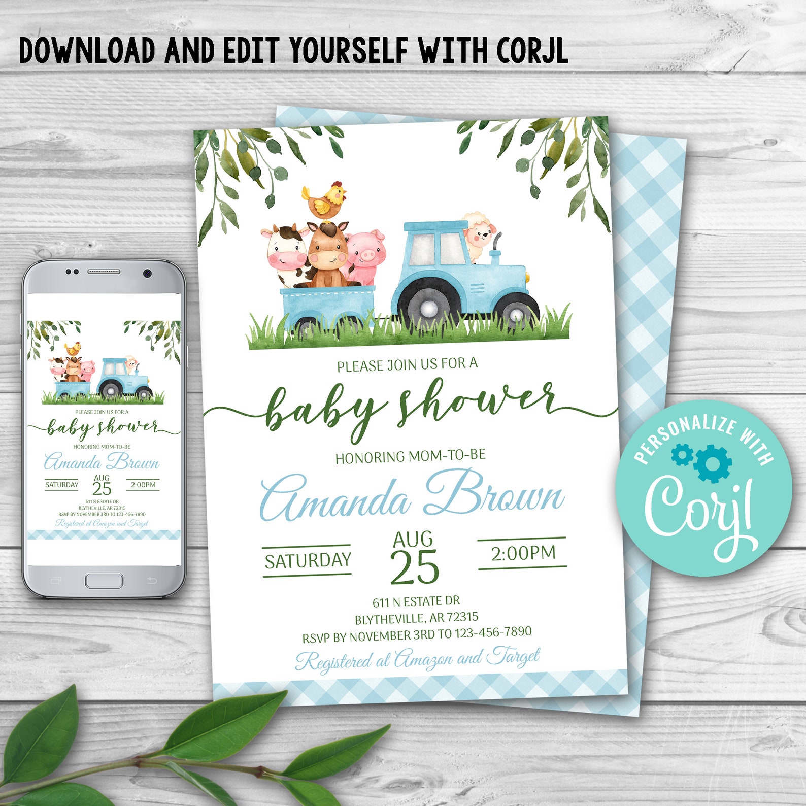 Editable Farm Baby Shower Invitation Blue Farm Animals Baby Etsy