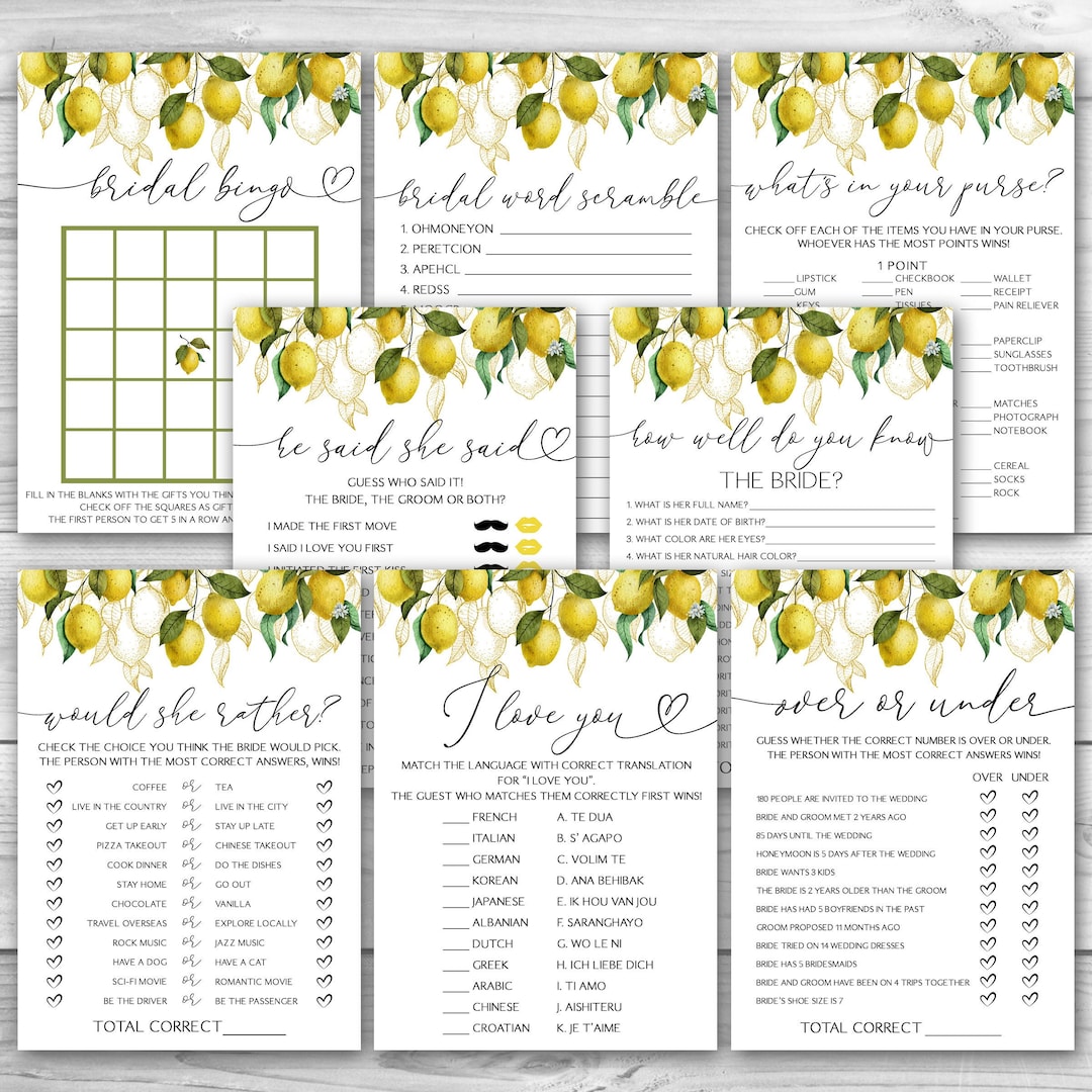 Lemon Bridal Shower Games Bundle Citrus Bridal Shower Game Package 8 Printable Lemon Bridal