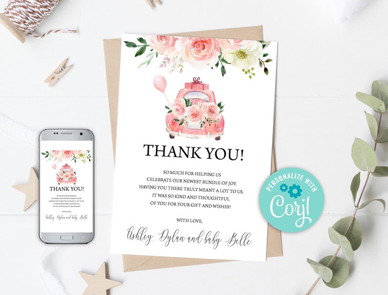 Virtual Baby Shower 0110 Drive By Baby Shower Thank You Card Pink Floral Drive Through Baby Shower Thank You Social Distancing Shower