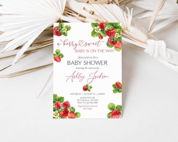 Editable Strawberry Baby Shower Invitation Berry Sweet Baby Shower