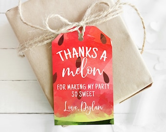 Peut inclure: Etiquette de remerciement sur le thème de la pastèque avec le texte "Merci beaucoup pour avoir rendu ma fête si douce. Avec amour, Dylan."