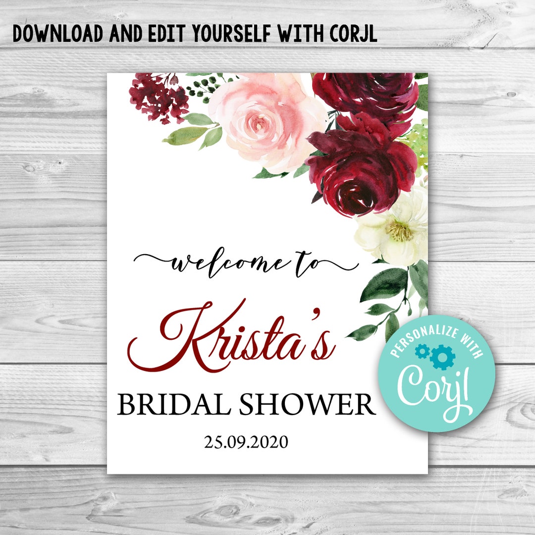 Editable Burgundy Floral Bridal Shower Welcome Sign. Marsala - Etsy