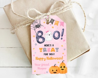 May include: A pink Halloween gift tag with the word "Boo!" in dark blue, a ghost, and the text "Here's a Treat for You! Happy Halloween!" Two orange pumpkins are at the bottom.