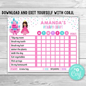 Editable Princess Reward Chart for Kids, Princess Routine Chart, Princess Kids Chore Chart, Printable Princess Chore Chart for Kids Chores