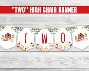 Farm High Chair Banner Farm 2nd Birthday Red Farm Animals High Chair Banner TWO Red Farm Birthday Decoration Red Barnyard Banner 0106