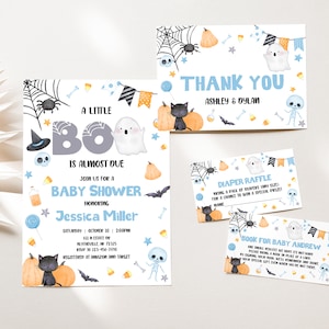 Editable Halloween Baby Shower Invitation Set A Little Boo is Almost Due Halloween Baby Shower Pack Cute Blue Ghost Baby Shower Package 0181