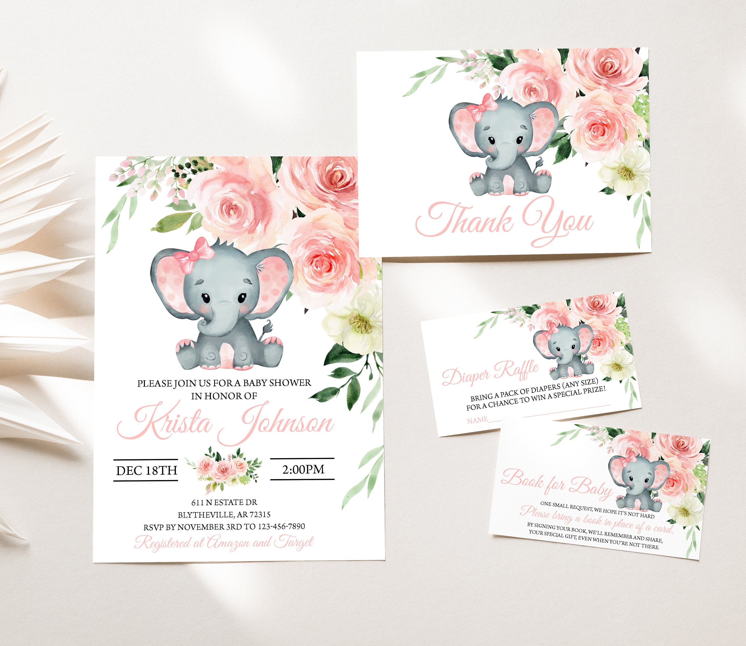 EDITABLE Elephant Baby Shower Invitation Set Girl Elephant Baby Shower Invitation Package Pink Elephant Baby Shower Pack 0167