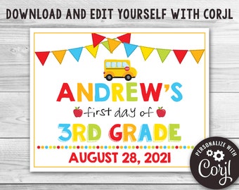 Editable First Day of Third Grade Sign First Day of School Sign Chalkboard Any Grade Sign Template First Day Of 3rd Grade Sign 0150