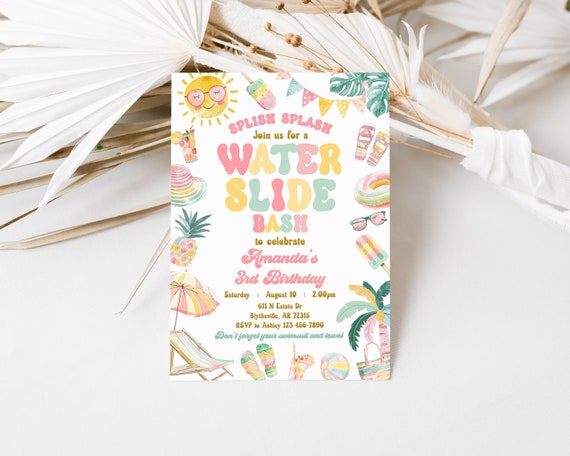 Tropical Water Slide Birthday Invitation, Splish Splash Party (Editable)