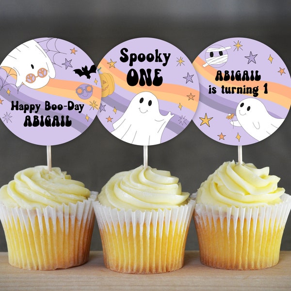 Halloween Ghost Birthday Cupcake Toppers Spooky Halloween Party Decoration Retro Halloween Cupcake Toppers Purple Ghost Birthday 0179