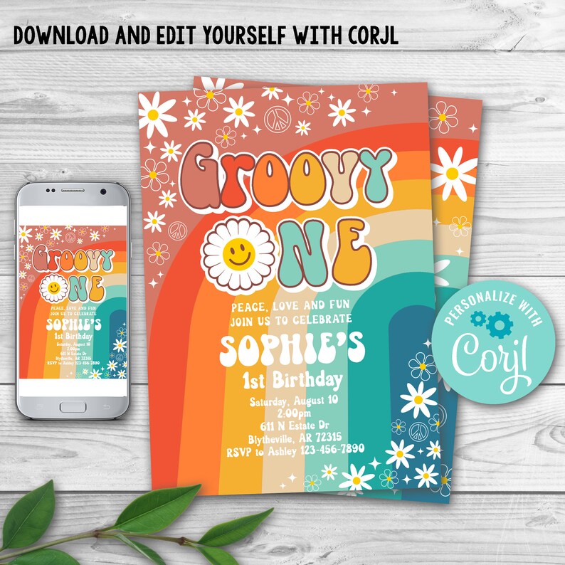 Editable Groovy One Birthday Party Invitation Daisy Hippie 70's Retro ...
