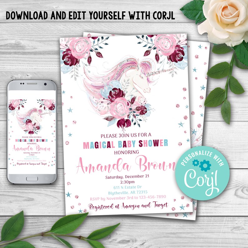 EDITABLE Unicorn Baby Shower Invitation. Glitter Unicorn Etsy
