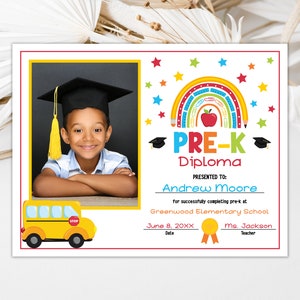 Pre-K Graduation Diploma Editable Pre-K Certificate School Graduation Certificate Last Day of School Diploma Certificate 0206