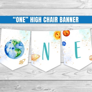 Outer Space ONE High Chair Banner Planets Solar System 1st Birthday Banner Space Birthday Decoration Galaxy Birthday Party Decorations 0142