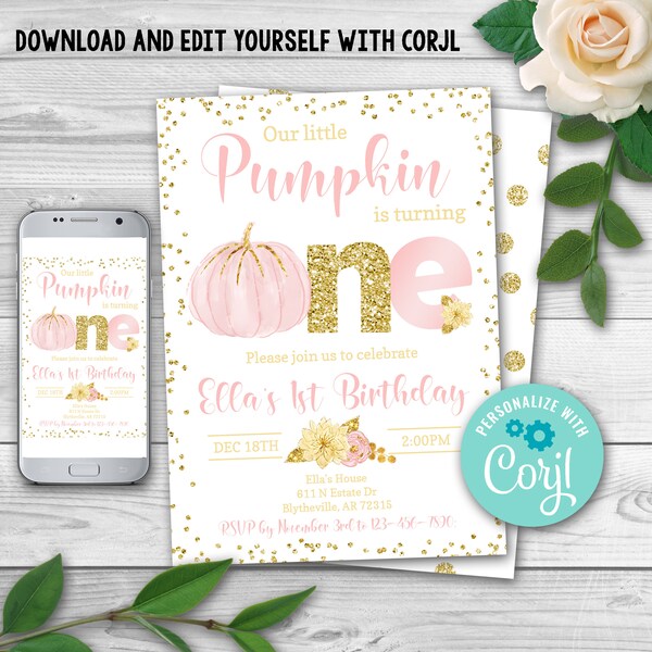 EDITABLE Pumpkin First Birthday Invitation. Little pumpkin Invitations. Fall 1st Birthday Invitation. Girl Autumn Birthday Invitation 0124