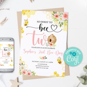 May include: A printable invitation for a second birthday party with a bee theme. The invitation features a pink and yellow color scheme with a bee, honeycomb, and flowers. The text on the invitation reads "So Sweet to Bee Two" and includes details about the party, such as the date, time, and location. The invitation is personalized with the name "Sophie's".