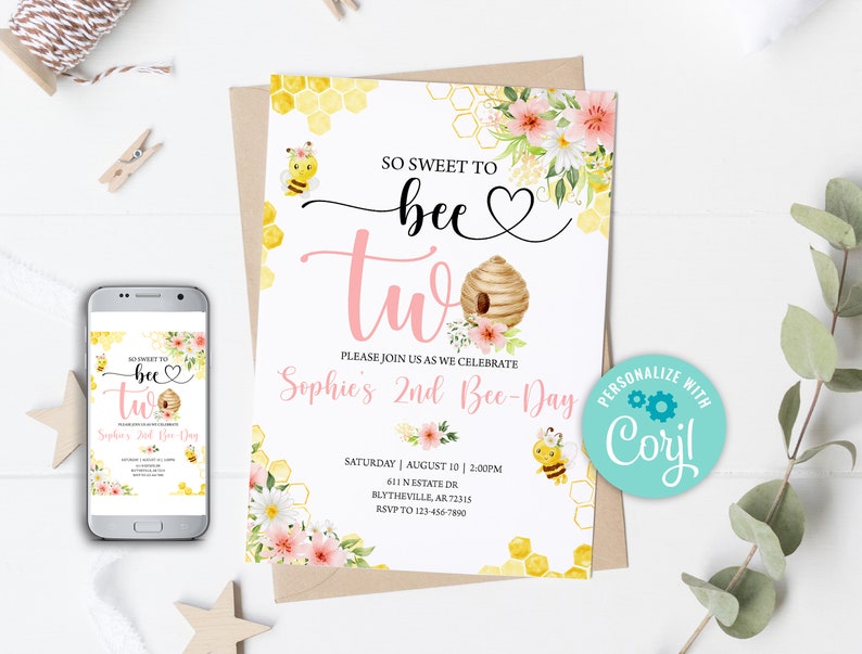 May include: A printable invitation for a second birthday party with a bee theme. The invitation features a pink and yellow color scheme with a bee, honeycomb, and flowers. The text on the invitation reads "So Sweet to Bee Two" and includes details about the party, such as the date, time, and location. The invitation is personalized with the name "Sophie's".
