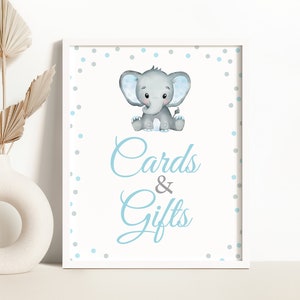 Cartes et cadeaux d’éléphant bleu Signe Cartes et cadeaux d’éléphant de garçon Signe imprimable Décor de table d’éléphant Points bleus Signe de douche de bébé d’éléphant 0166