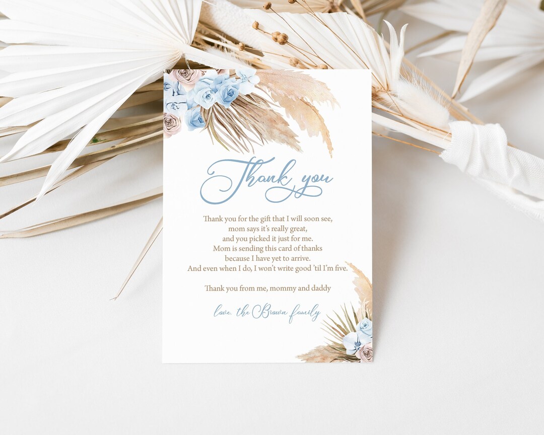 Editable Blue Pampas Grass Thank You Card Pampas Grass Baby Shower ...