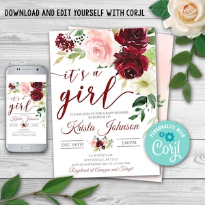 EDITABLE Burgundy Floral Baby Shower Invitation. It&#39;s a Girl Baby Shower Invitation.  Watercolor Baby Shower. Marsala Baby Shower Template.