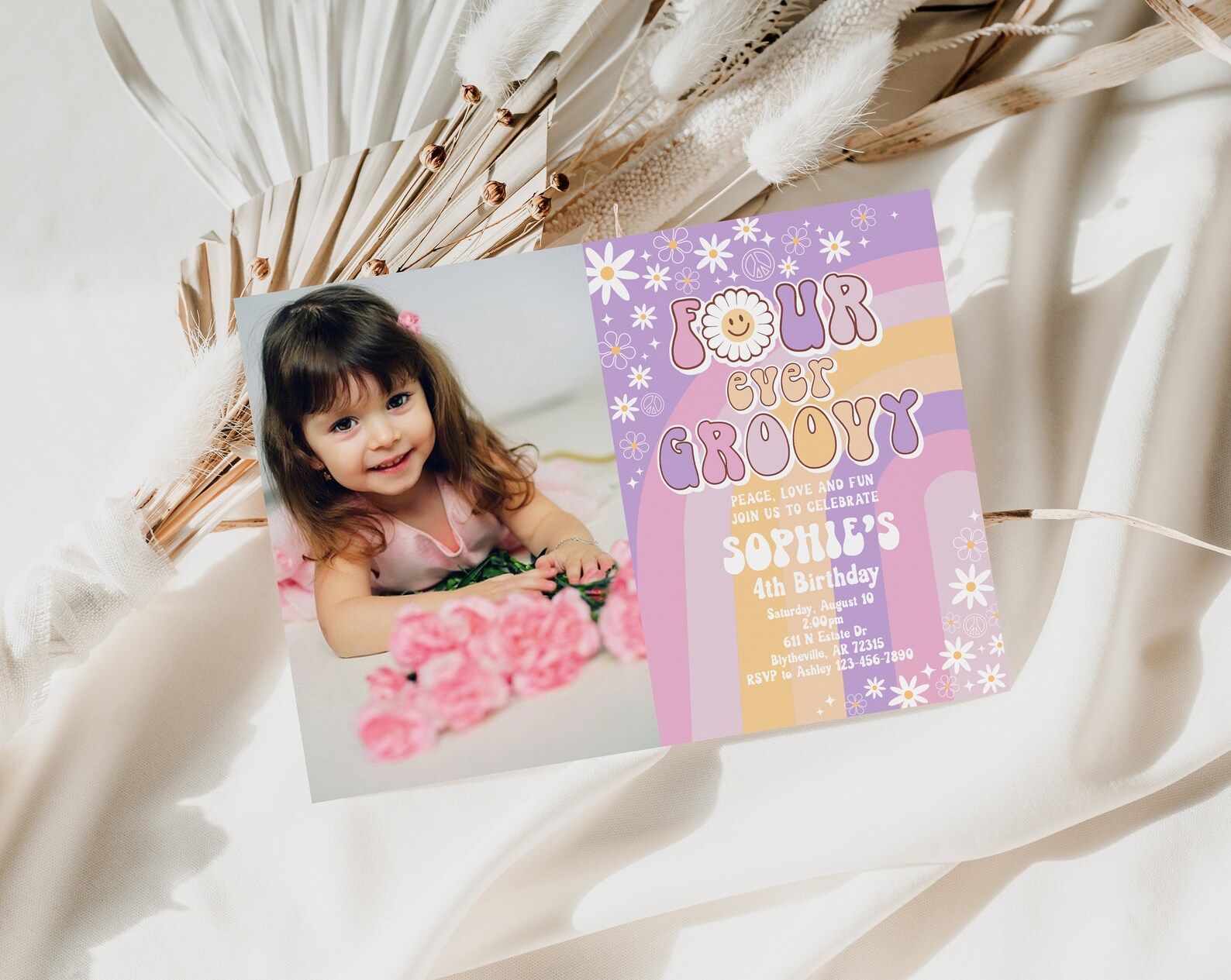 Editable Four Ever Groovy Birthday Party Invitation Daisy Hippie 70's ...