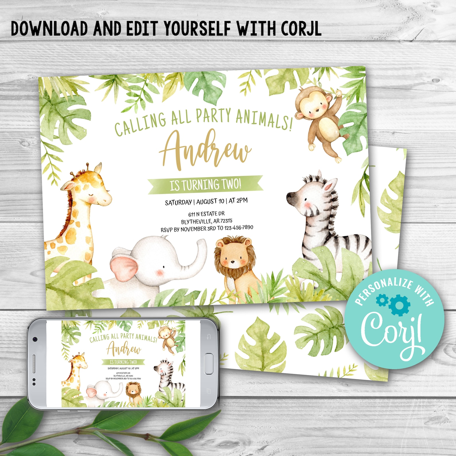 EDITABLE Safari Animal Invitations, Jungle Birthday Invitation, Wild ...