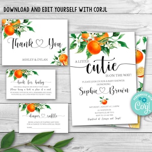 A Little Cutie is on the Way Baby Shower Invitation Set Citrus Baby Shower Invitation Pack Orange Gender Neutral Baby Shower Package 0147