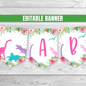 Editable Dinosaur Banner Girl Dinosaur Birthday A-Z Banner Prehistoric Party Pink Purple Dinosaur Decoration Dino Party T-Rex Garland 0207