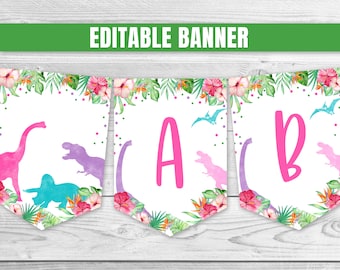 Bannière d'anniversaire dinosaure modifiable pour fille, thème floral rose et violet (téléchargement numérique)