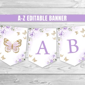 Editable Butterfly A-Z Banner Purple Gold Butterfly Birthday Banner Lilac Floral Party Banner Floral Butterfly Happy Birthday Banner 0164