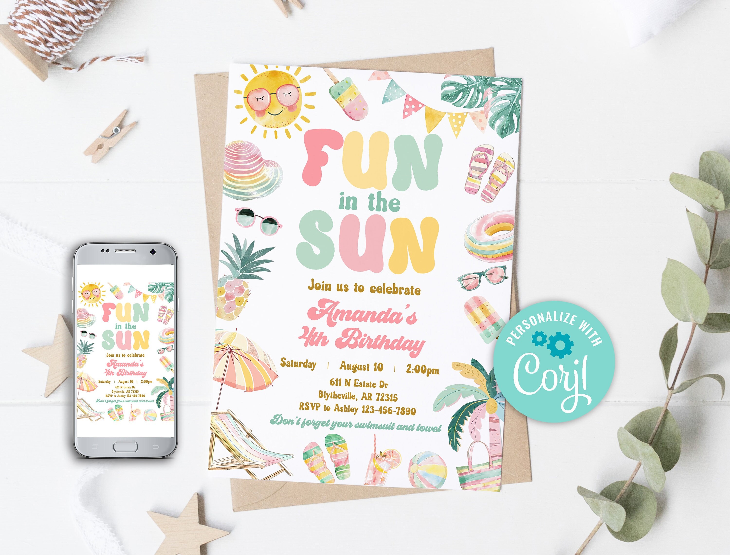 Editable Fun In The Sun Birthday Party Invitation Pool Party Birthday Invitation Girly Splash Pad Water Slide Paddling Pool Birthday 0228
