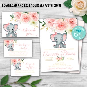 Ensemble d'invitation de douche de bébé éléphant modifiable. Paquet de jeu de fille d'invitation de douche de bébé d'éléphant. Pack Baby Shower Rose et Or 0167