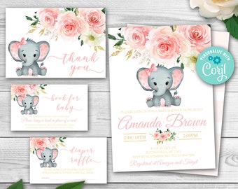 Elephant Baby Shower Invitation Set, Pink and Gold (Editable Template)