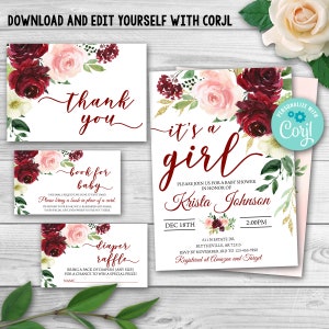 Ensemble de douche de bébé bordeaux MODIFIABLE. Forfait fille d'invitation au baby shower d'or bordeaux. C'est un pack de baby shower floral Girl Marsala.
