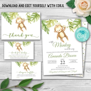 Conjunto editable de baby shower de mono, paquete de baby shower de mono, plantilla de paquete de invitación de baby shower de mono, conjunto de baby shower de mono safari 0163