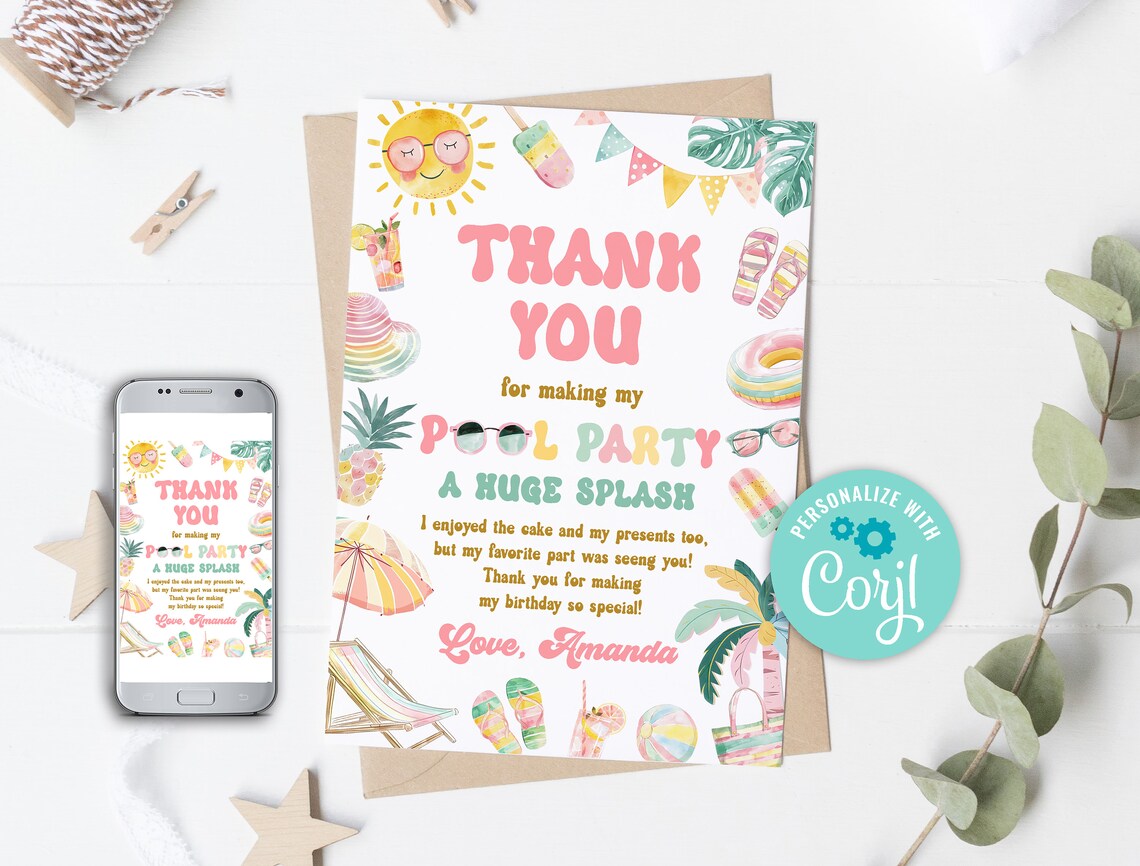 Editable Pool Party Thank You Card Tropical Splish Splash Pool Party ...
