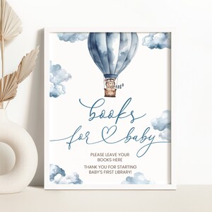 Ours, montgolfière, livres pour bébé, signe de baby shower, garçon ours, nous pouvons attendre très longtemps, bibliothèque de baby shower, ours bleu, décor de baby shower