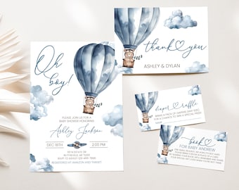 May include: Blue and white baby shower invitation featuring a hot air balloon and a teddy bear pilot. The invitation reads "Oh boy!" and includes the name "Ashley Jackson", the date "Dec 18th", the time "2:00 PM", and the address "611 N Estate Dr Blytheville, AR 72315".