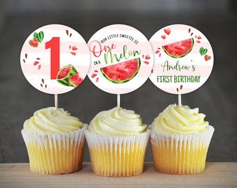 Red Watermelon Birthday Cupcake Toppers One in a Melon Birthday Party Decoration One in a Melon Cupcake Toppers Watermelon Toppers 0118