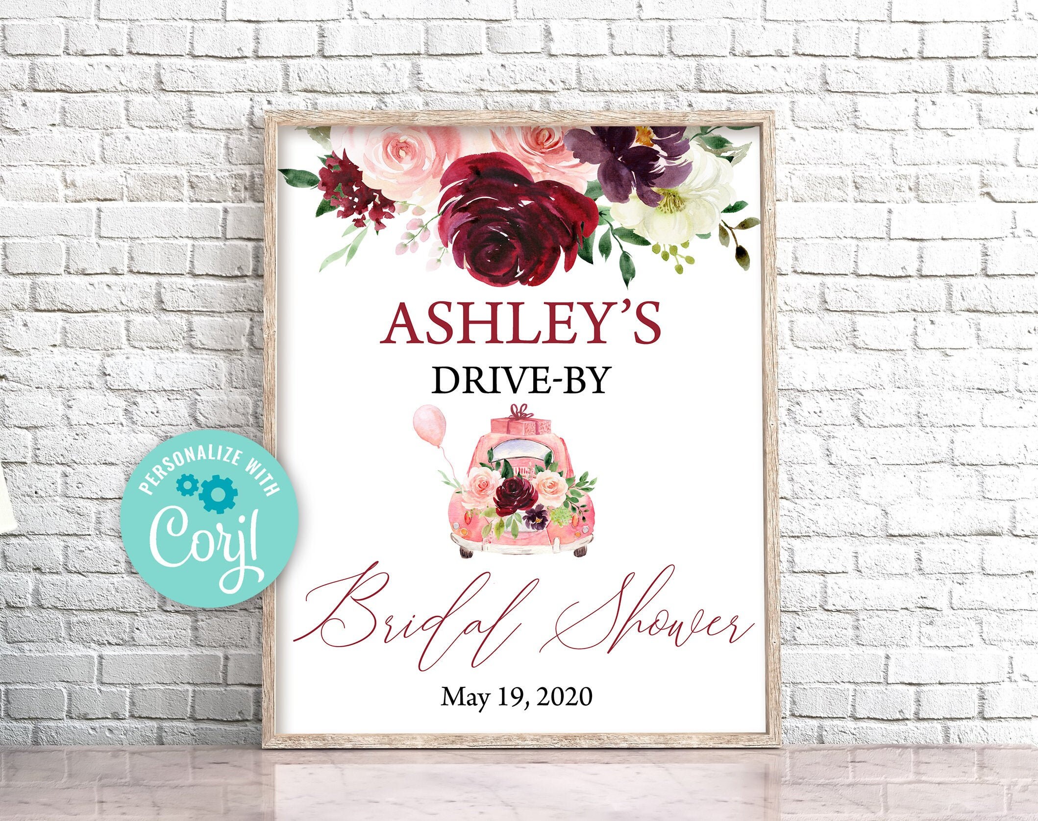 Drive By Bridal Shower Sign Burgundy Floral Drive Etsy