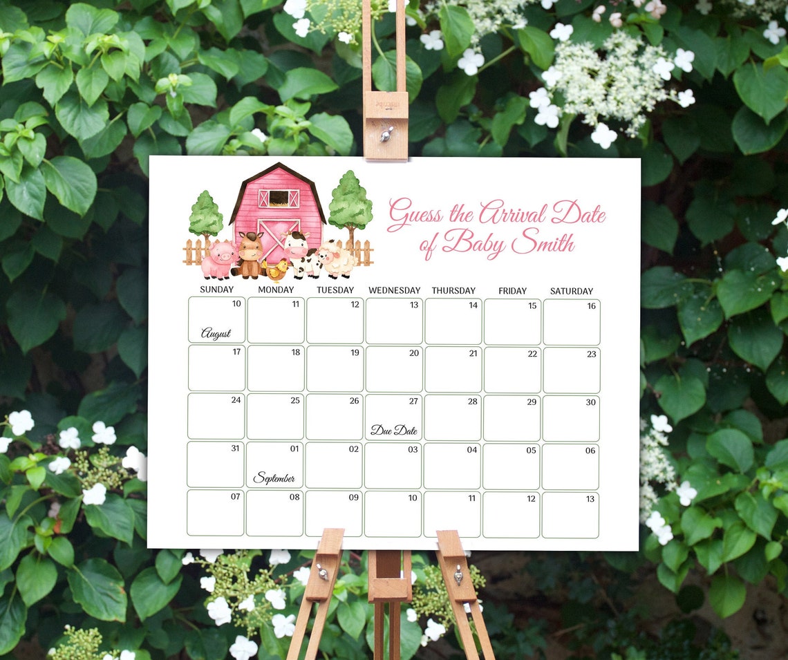 Editable Farm Guess Baby Due Date Calendar Girl Pink Barnyard Etsy Guess The Due Date Calendar