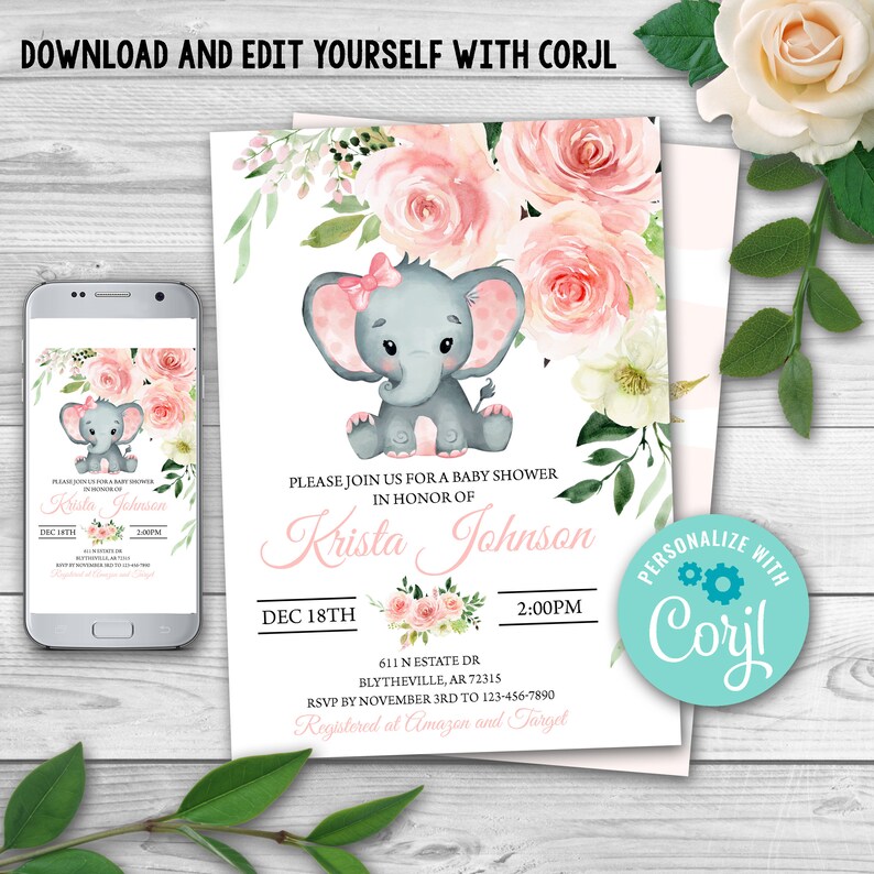 Editable Elephant Baby Shower Invitation. Elephant Girl Baby Etsy