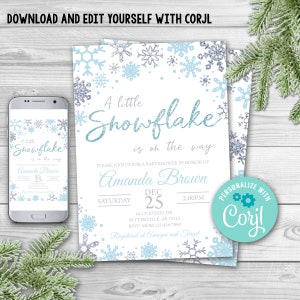 Editable Snowflake Baby Shower Invitation, A little snowflake is on the way Invitation, Winter wonderland Baby Shower, Boy Baby Shower 0103