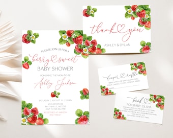 May include: A set of printable baby shower invitations with a strawberry theme. The invitations feature a red heart with the text "berry sweet" and a red and green strawberry pattern. The text on the invitations includes "Please join us for a baby shower", "honoring the mom-to-be", "Ashley Jackson", "Saturday, August 10 | 2:00PM", "611 Nestate Dr", "Blytheville, AR 72315", "RSVP to 123-456-7890", "Registered at Amazon and Target", "Thank you", "Ashley & Dylan", "Diaper Raffle", "Bring a pack of diapers (any size) for a chance to win a special prize", "Name", "Book for Baby Olivia", "One small request we hope it's not hard", "Please bring a book in place of a card", "By signing your book, we'll remember and share your special gift", "Even when you're not there."