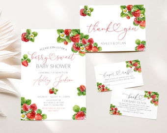 Editable Strawberry Baby Shower Invitation Set Berry Sweet Baby Shower Invitation Pack Strawberry Gender Neutral Baby Shower Package 0172