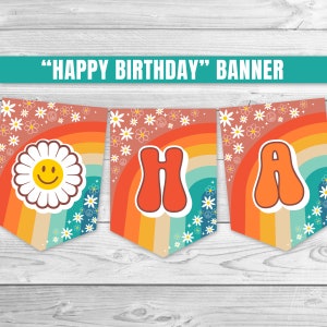 Groovy Happy Birthday Banner Retro Floral 70&#39;s Hippie Verjaardag Banner Groovy Rainbow Banner Groovy Garland Daisy Verjaardag Banner 0170