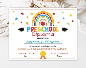 Editable Preschool Diploma Personalized Graduation Certificate School Graduation Certificate Last Day of School Diploma Certificate 0206